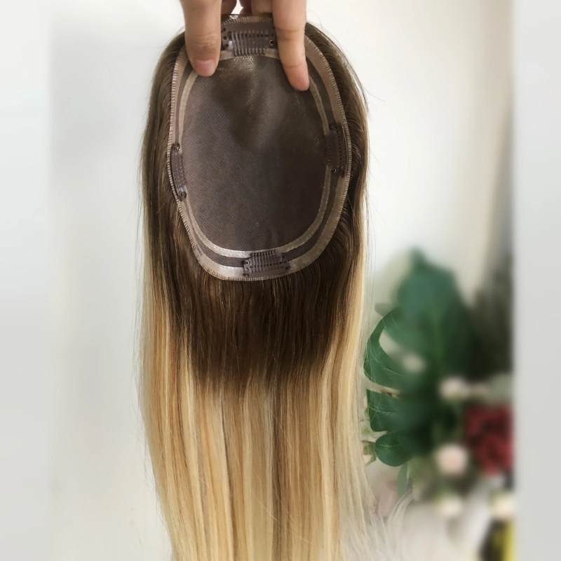 #B2 Blonde color with dark root 5.5*6.5” full mono topper cuticles virgin hair YR0037